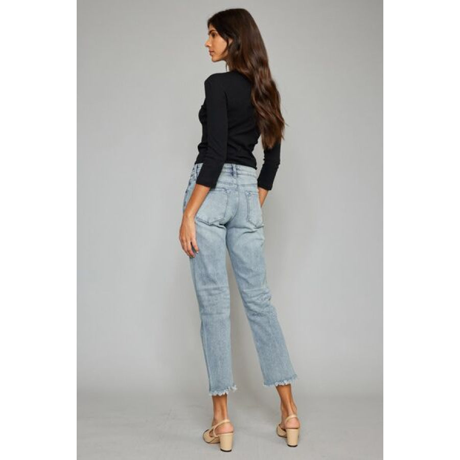Kancan High Waist Button Fly Raw Hem Cropped Straight Jeans Apparel and Accessories