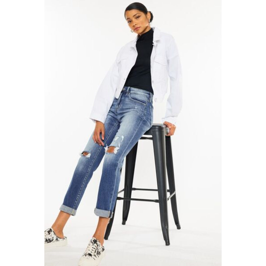 Kancan High Waist Distressed Hem Detail Cropped Straight Jeans Apparel and Accessories