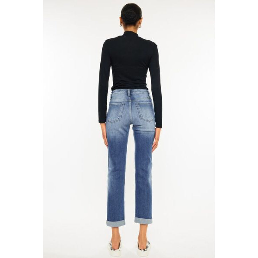 Kancan High Waist Distressed Hem Detail Cropped Straight Jeans Apparel and Accessories