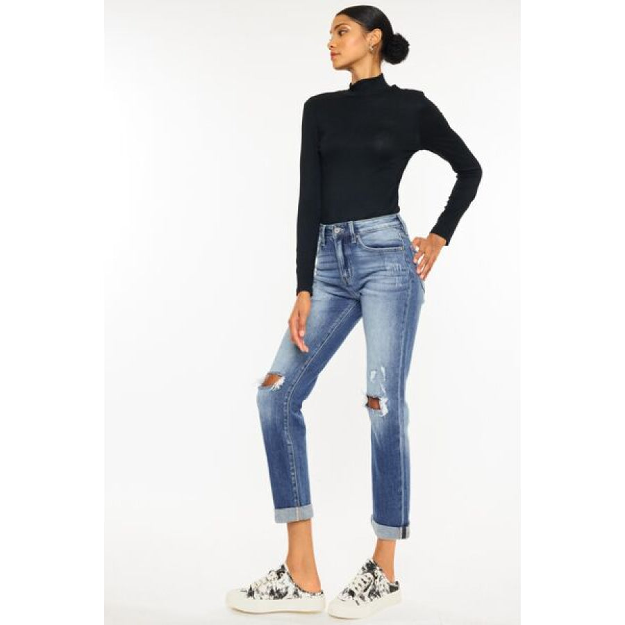 Kancan High Waist Distressed Hem Detail Cropped Straight Jeans Apparel and Accessories