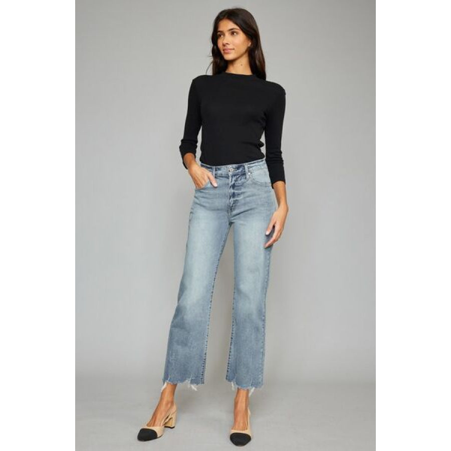 Kancan High Waist Raw Hem Cropped Wide Leg Jeans Apparel and Accessories