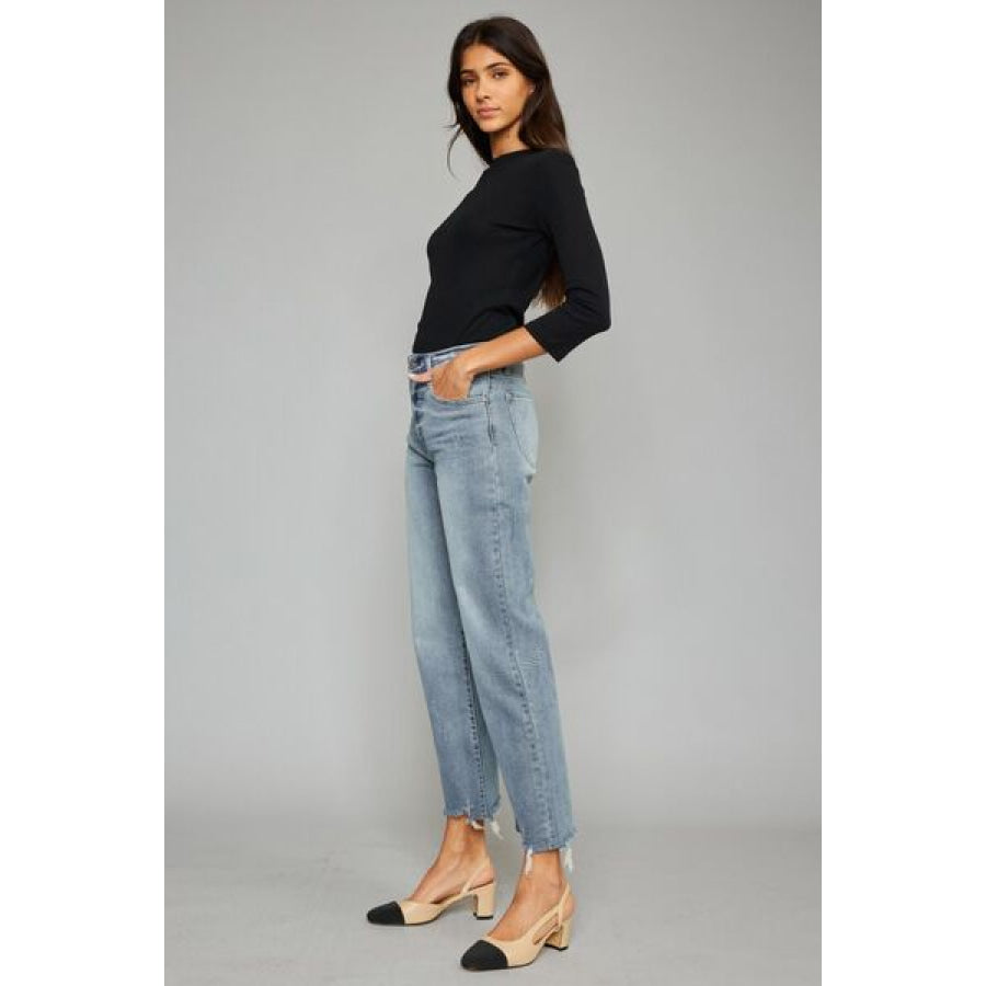 Kancan High Waist Raw Hem Cropped Wide Leg Jeans Apparel and Accessories