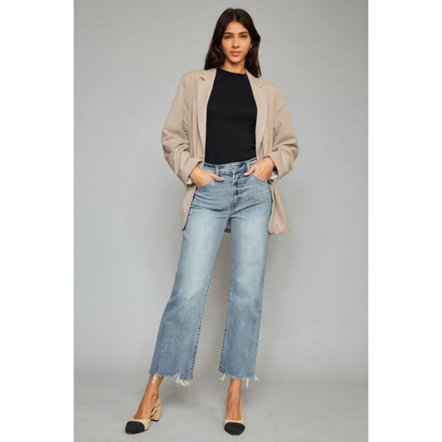 Kancan High Waist Raw Hem Cropped Wide Leg Jeans Apparel and Accessories
