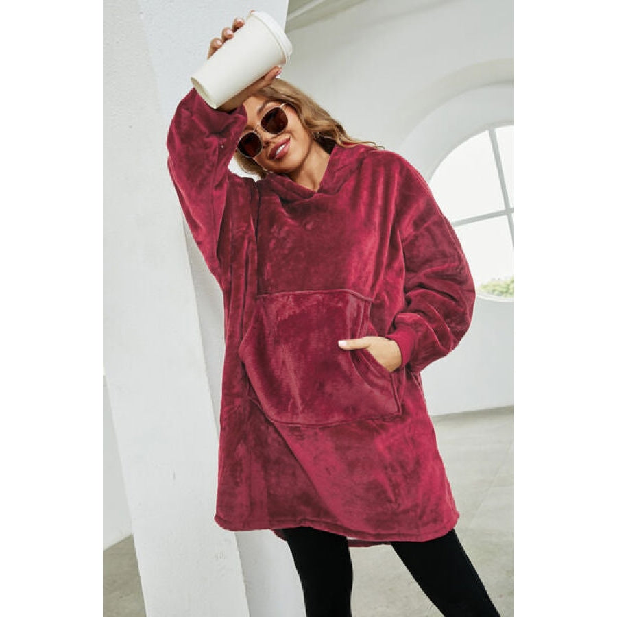 Kangaroo Pocket Dropped Shoulder Hoodie Deep Red / S Apparel and Accessories