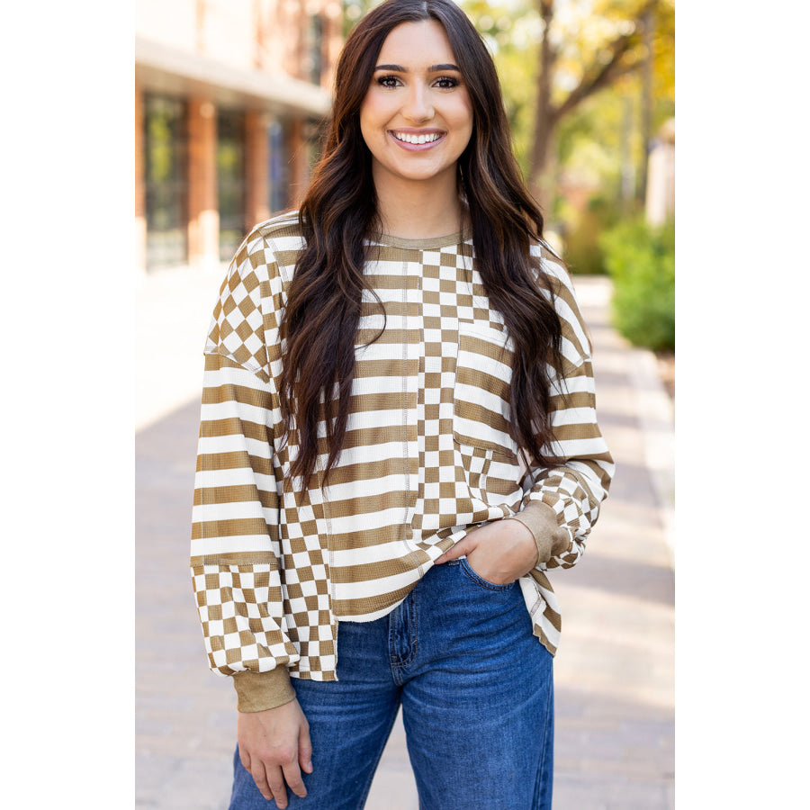 Khaki Checkerboard Striped Patchwork Lantern Sleeve Pocketed Blouse Khaki / S / 100% Polyester Tops/Long Sleeve Tops