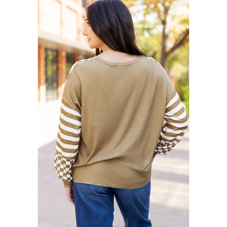 Khaki Checkerboard Striped Patchwork Lantern Sleeve Pocketed Blouse Khaki / S / 100% Polyester Tops/Long Sleeve Tops