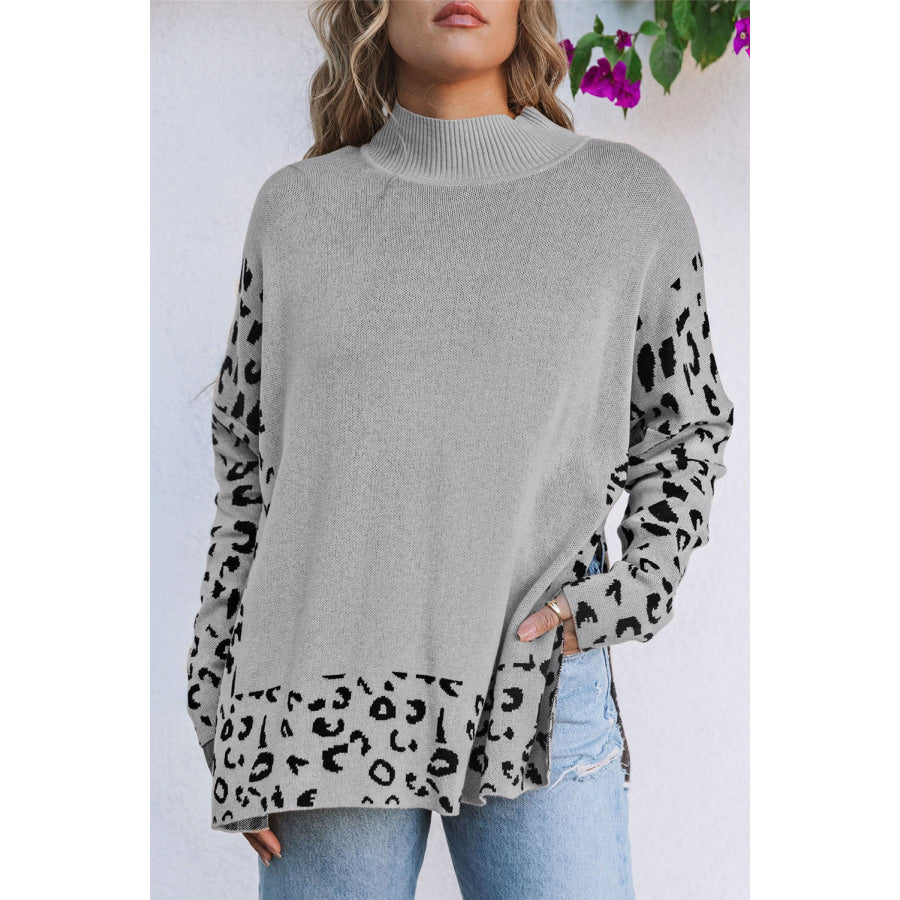 Khaki Leopard High Neck Side Slit Oversized Sweater Sweaters & Cardigans/Sweaters