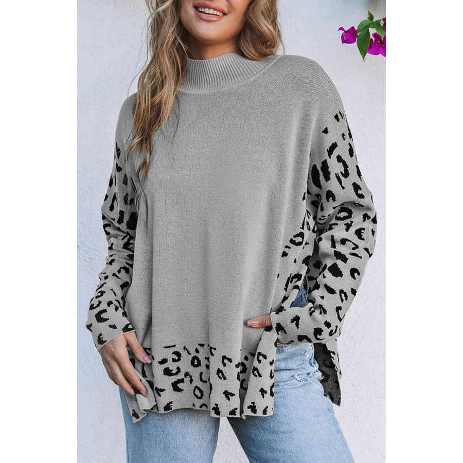 Khaki Leopard High Neck Side Slit Oversized Sweater Sweaters & Cardigans/Sweaters