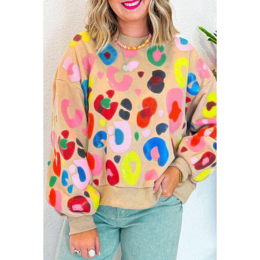 Khaki Multicolor Leopard Printed Drop Shoulder Pullover Sweatshirt Khaki / S / 100% Polyester Tops/Sweatshirts & Hoodies