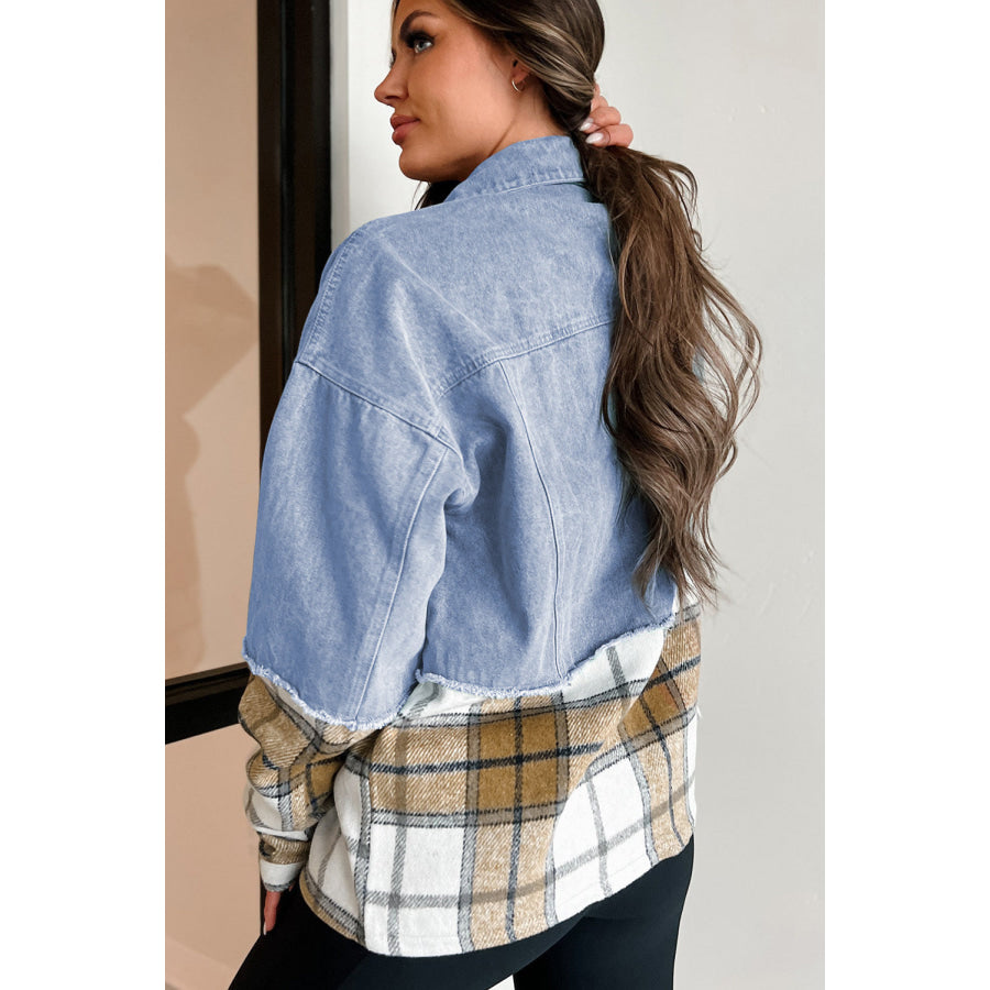 Khaki Plaid Patchwork Buttoned Oversized Denim Jacket Khaki / S / 75% Cotton + 25% Polyester Outerwear/Denim jackets