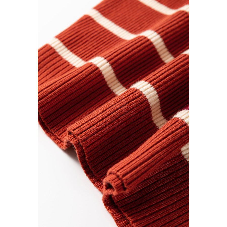 Khaki Stripe Color Block Quarter Zip Collar Short Sleeve Sweater Dress Sweaters & Cardigans/Sweater Dresses