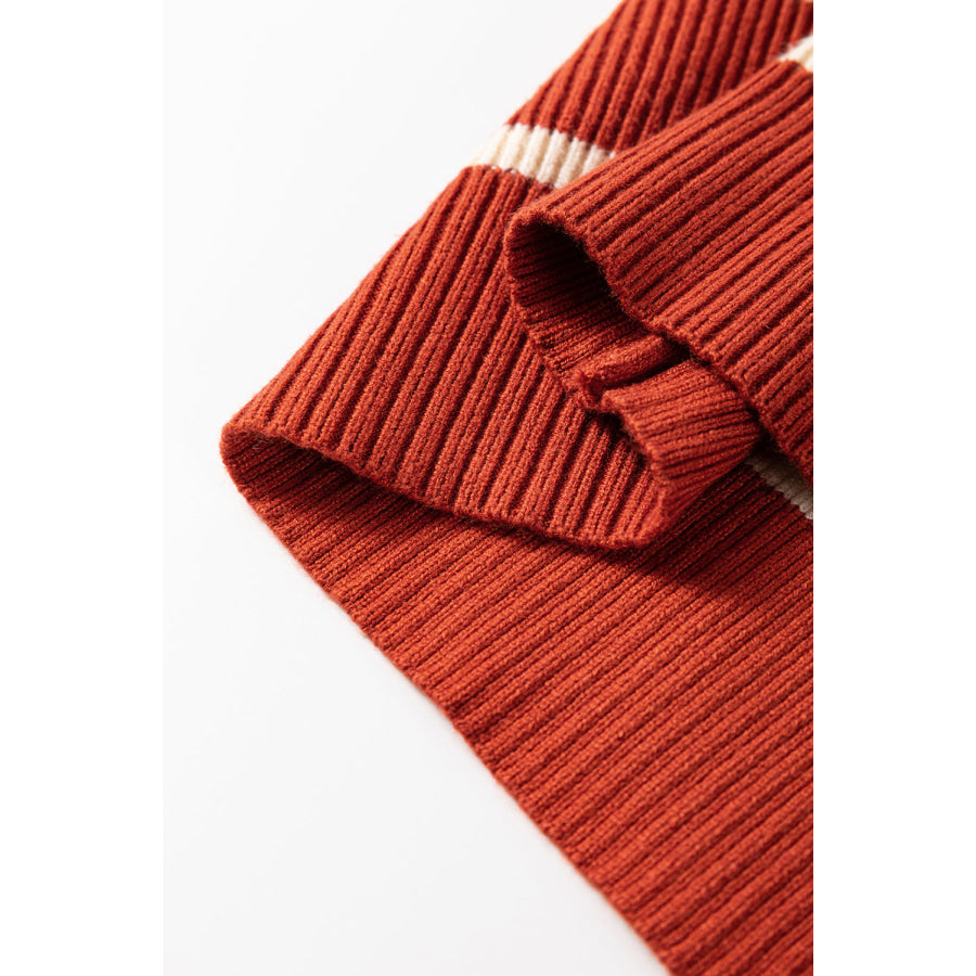 Khaki Stripe Color Block Quarter Zip Collar Short Sleeve Sweater Dress Sweaters & Cardigans/Sweater Dresses