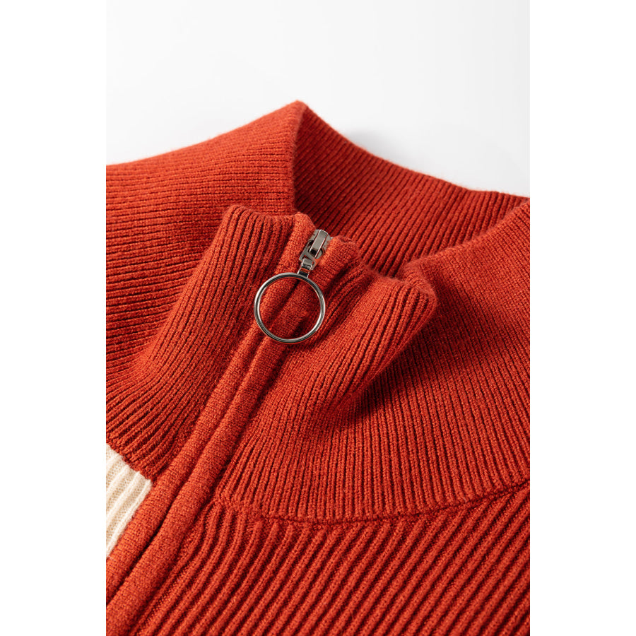 Khaki Stripe Color Block Quarter Zip Collar Short Sleeve Sweater Dress Sweaters & Cardigans/Sweater Dresses