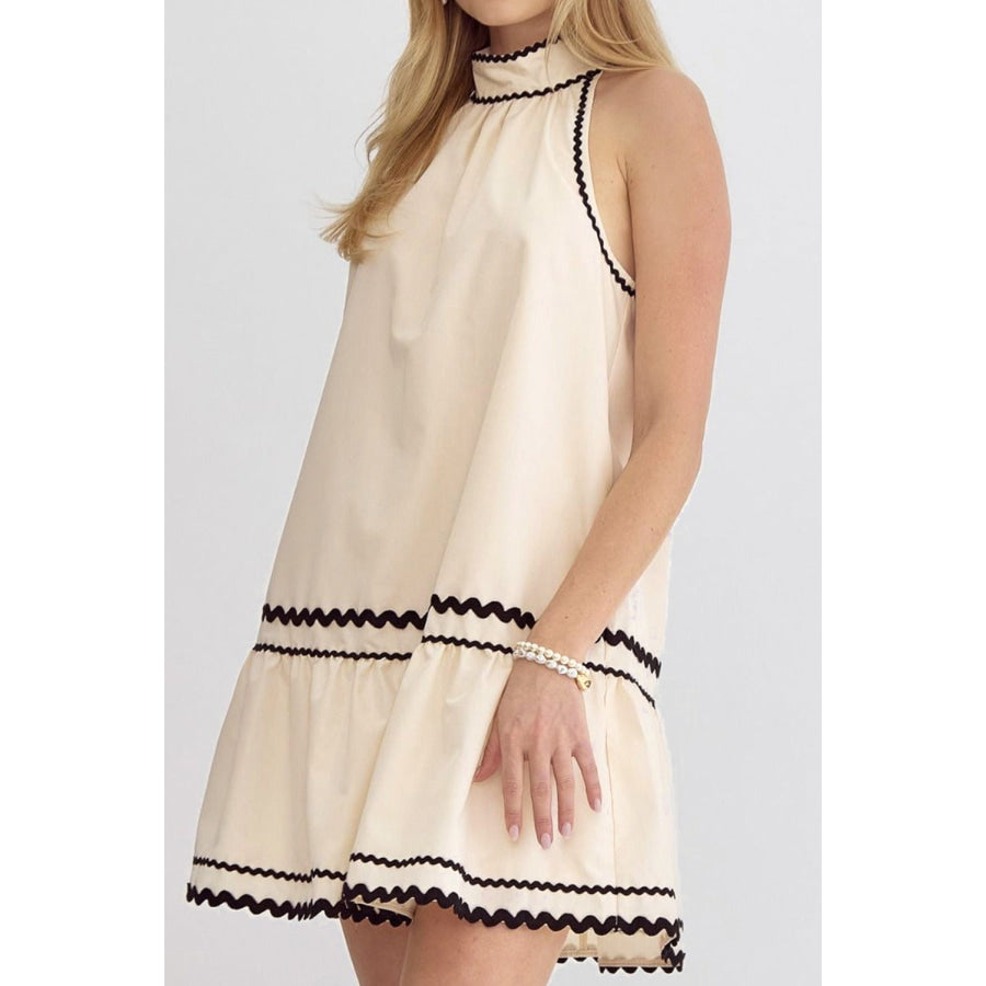 Khaki Stripe Ric Rac Trim Halter A-line Sleeveless Mini Dress Dresses/Mini Dresses