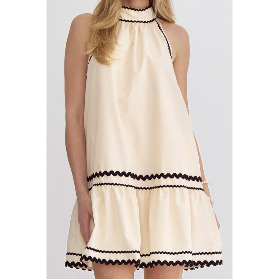 Khaki Stripe Ric Rac Trim Halter A-line Sleeveless Mini Dress Khaki Stripe / S / 100% Cotton Dresses/Mini Dresses