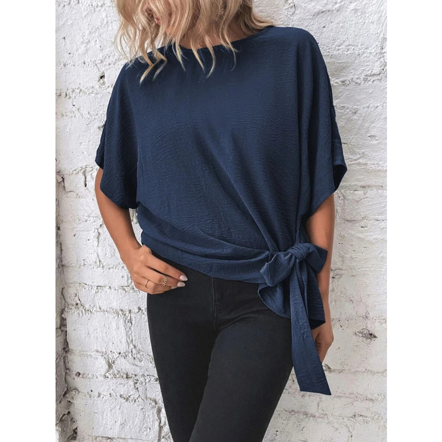 Knotted Round Neck Half Sleeve Blouse Apparel and Accessories