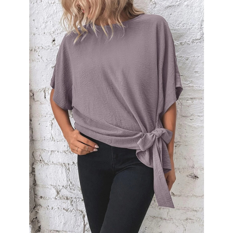 Knotted Round Neck Half Sleeve Blouse Apparel and Accessories