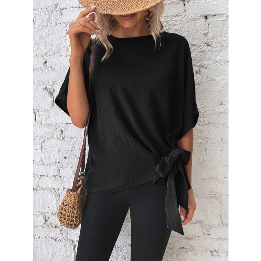Knotted Round Neck Half Sleeve Blouse Apparel and Accessories