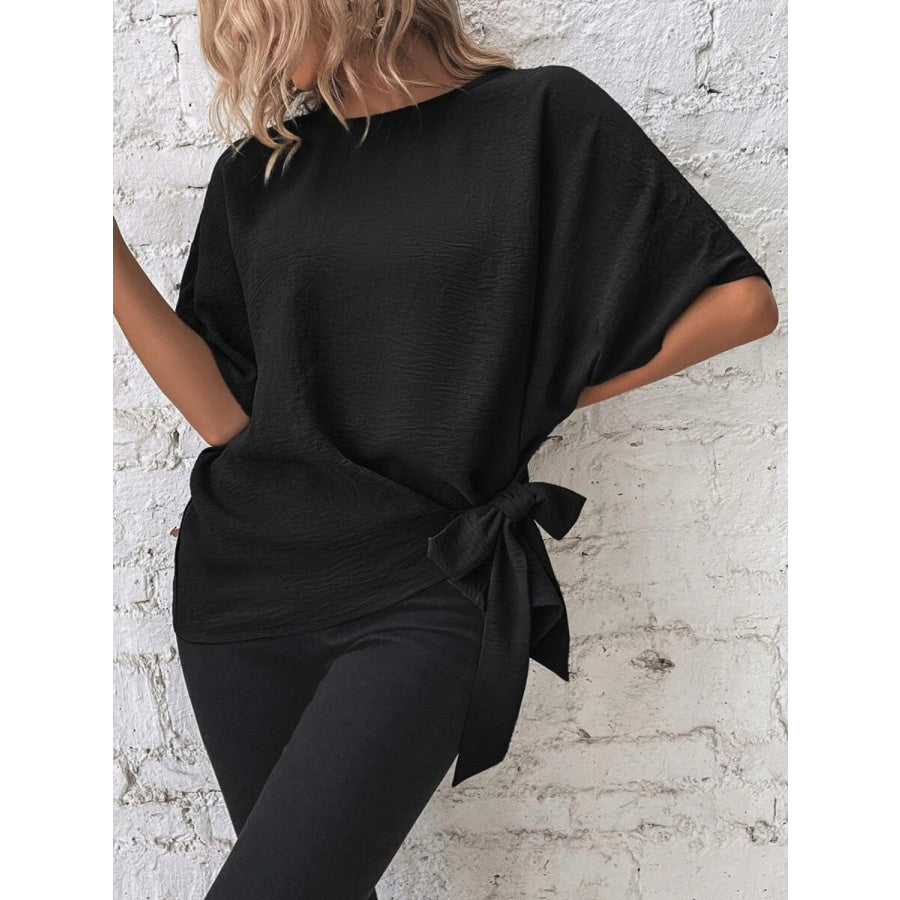 Knotted Round Neck Half Sleeve Blouse Black / S Apparel and Accessories
