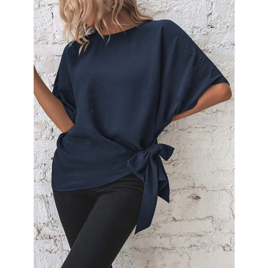 Knotted Round Neck Half Sleeve Blouse Dark Blue / S Apparel and Accessories