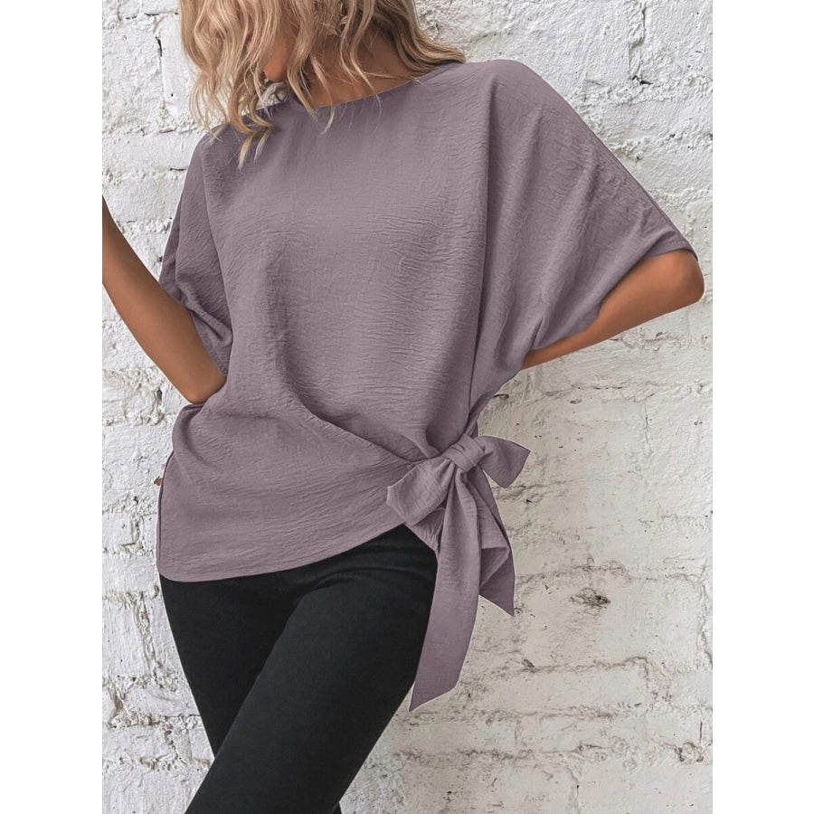 Knotted Round Neck Half Sleeve Blouse Lilac / S Apparel and Accessories