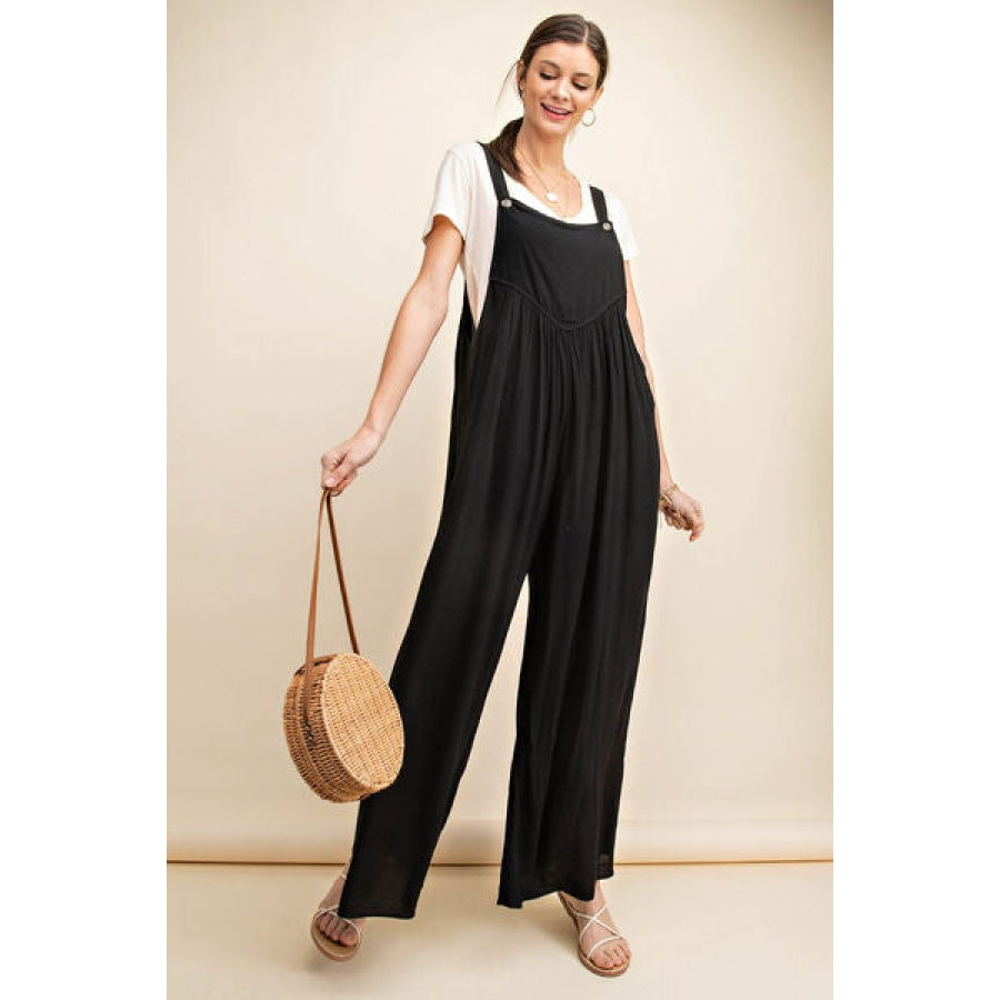 Kori America Full Size Sleeveless Ruched Wide Leg Overalls Black / S Apparel and Accessories
