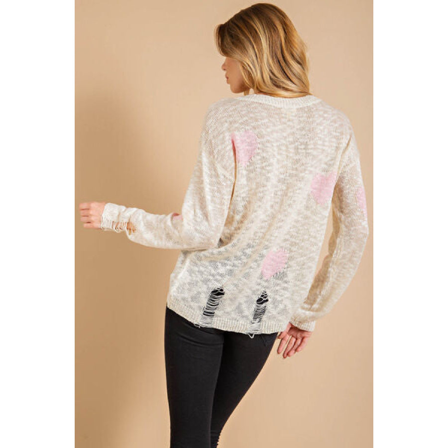 Kori America Heart Pattern Distressed Sweater Apparel and Accessories