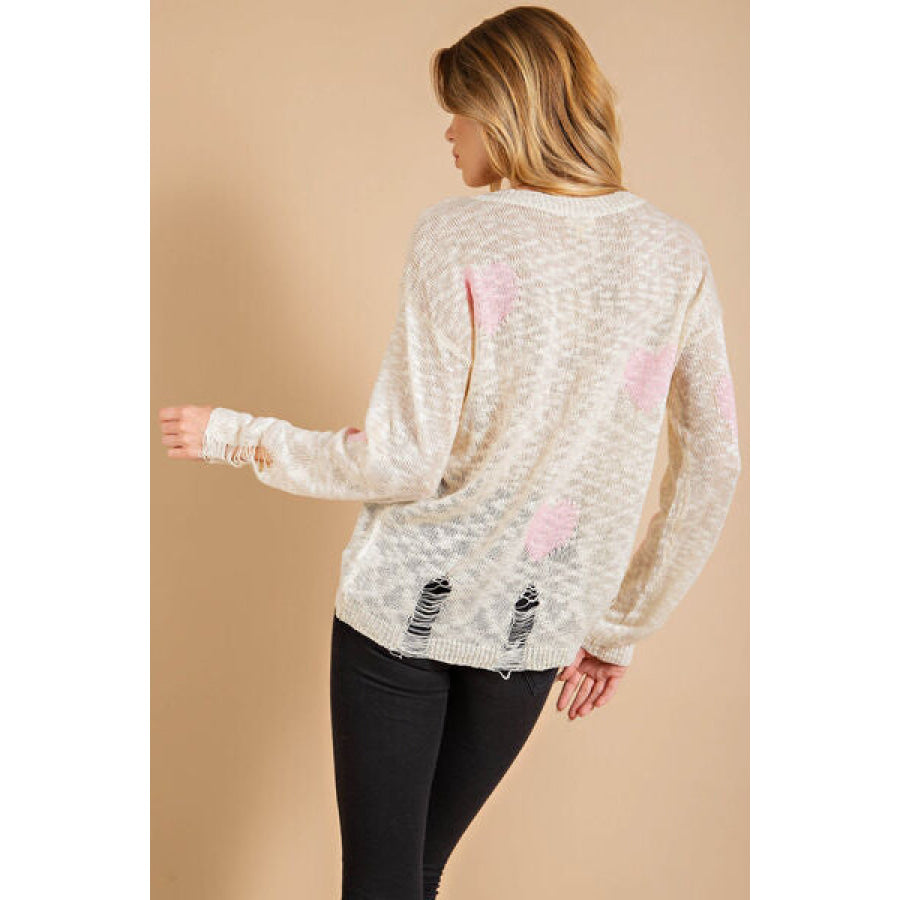 Kori America Heart Pattern Distressed Sweater PINK/CREAM / S Apparel and Accessories