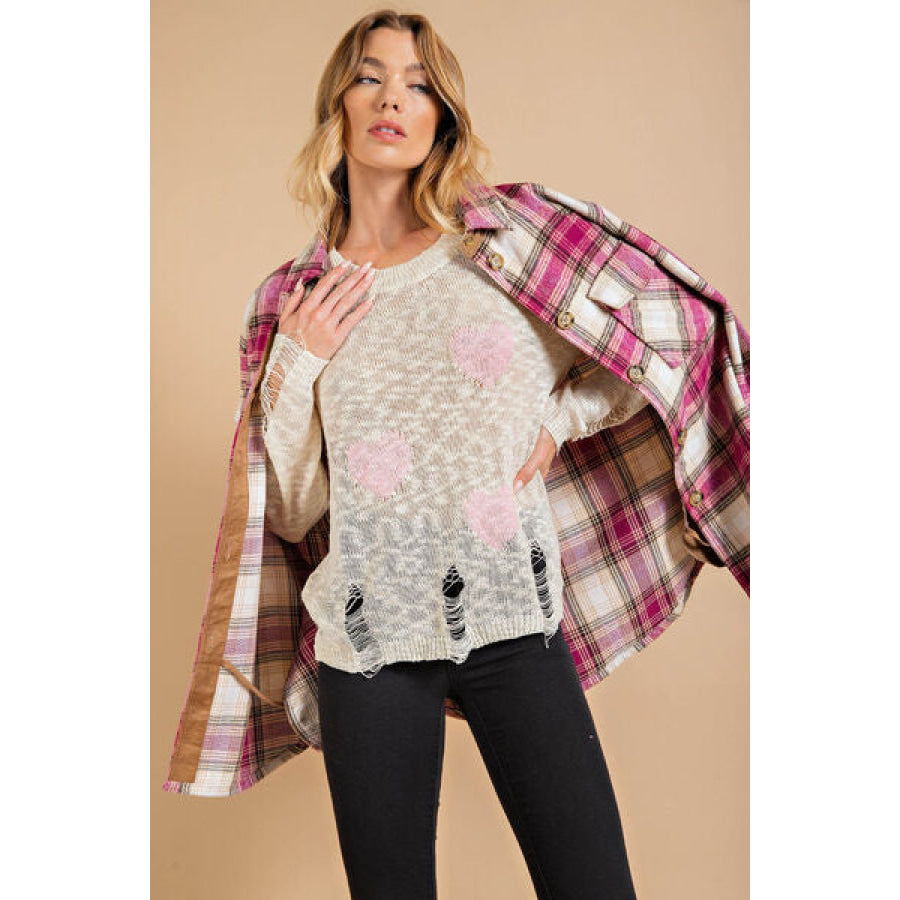 Kori America Heart Pattern Distressed Sweater Apparel and Accessories