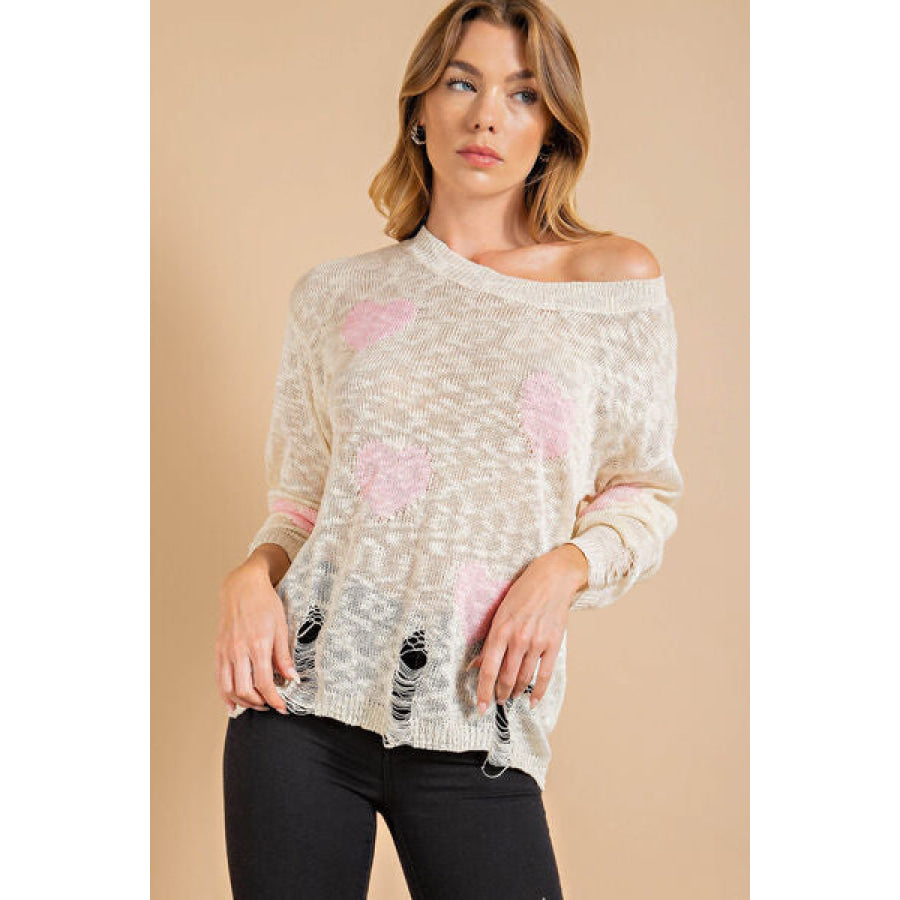 Kori America Heart Pattern Distressed Sweater Apparel and Accessories