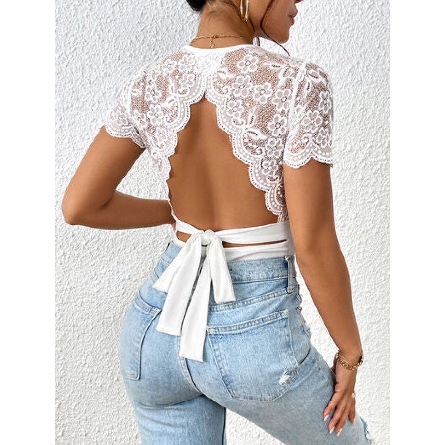 Lace Backless Round Neck Bodysuit Apparel and Accessories