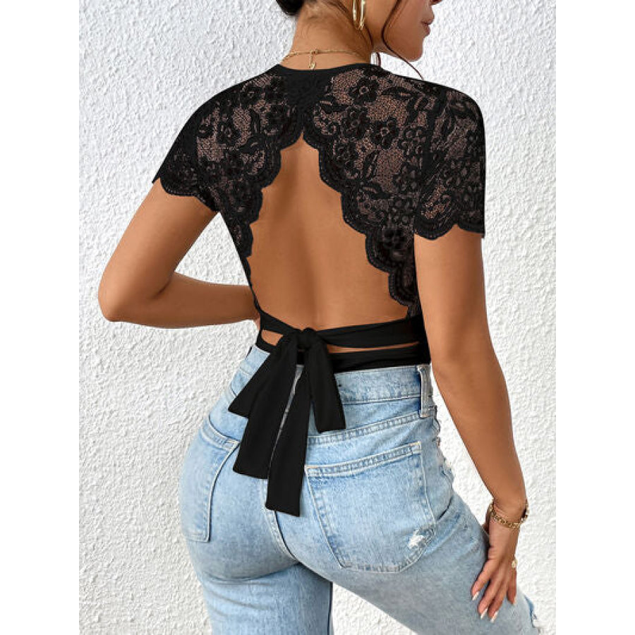 Lace Backless Round Neck Bodysuit Apparel and Accessories