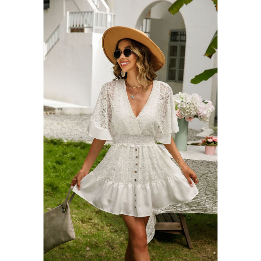 Lace Cutout Surplice Half Sleeve Dress Apparel and Accessories