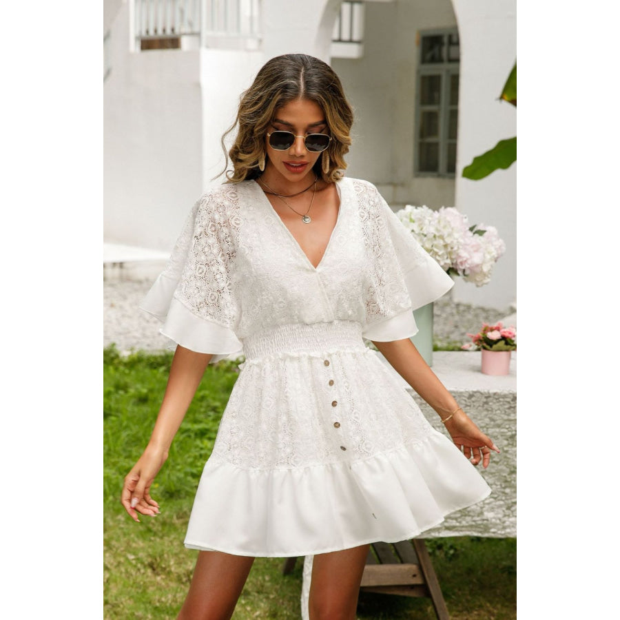 Lace Cutout Surplice Half Sleeve Dress Apparel and Accessories