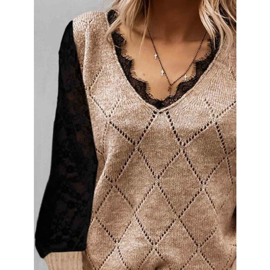 Lace Decor V Neck Two Tone Sweater Caramel / S