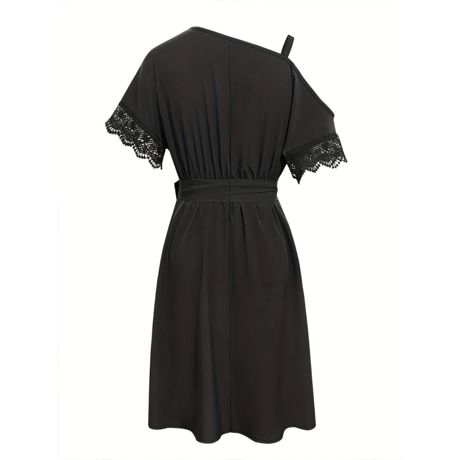 Lace Detail Asymmetrical Neck Short Sleeve Dress Black / S Apparel and Accessories