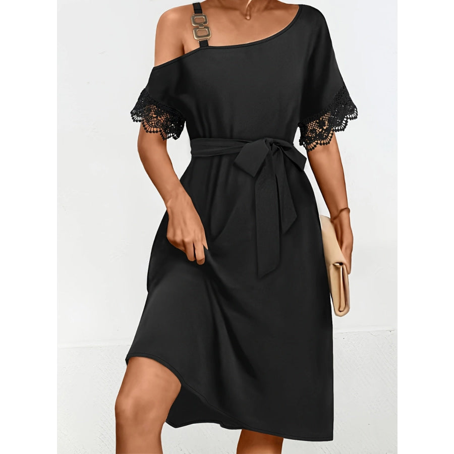 Lace Detail Asymmetrical Neck Short Sleeve Dress Black / S Apparel and Accessories