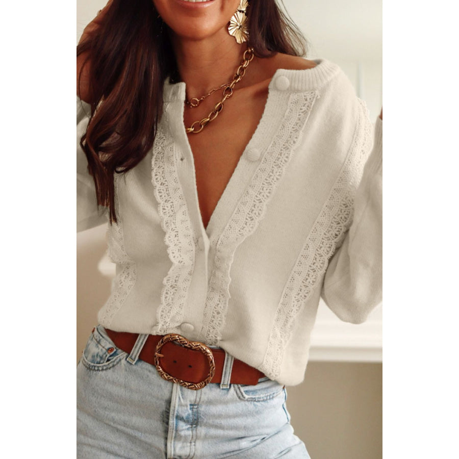 Lace Detail Button Down Long Sleeve Cardigan Apparel and Accessories