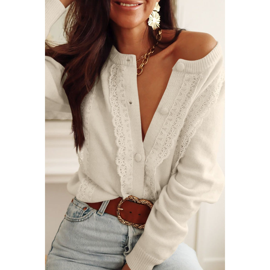 Lace Detail Button Down Long Sleeve Cardigan Apparel and Accessories