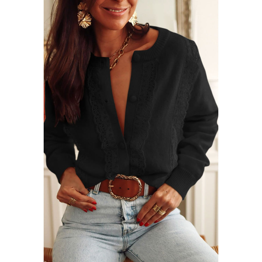 Lace Detail Button Down Long Sleeve Cardigan Apparel and Accessories