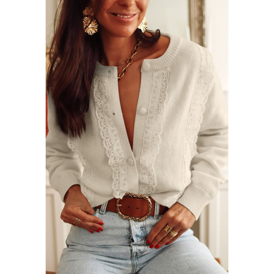 Lace Detail Button Down Long Sleeve Cardigan Ivory / S Apparel and Accessories