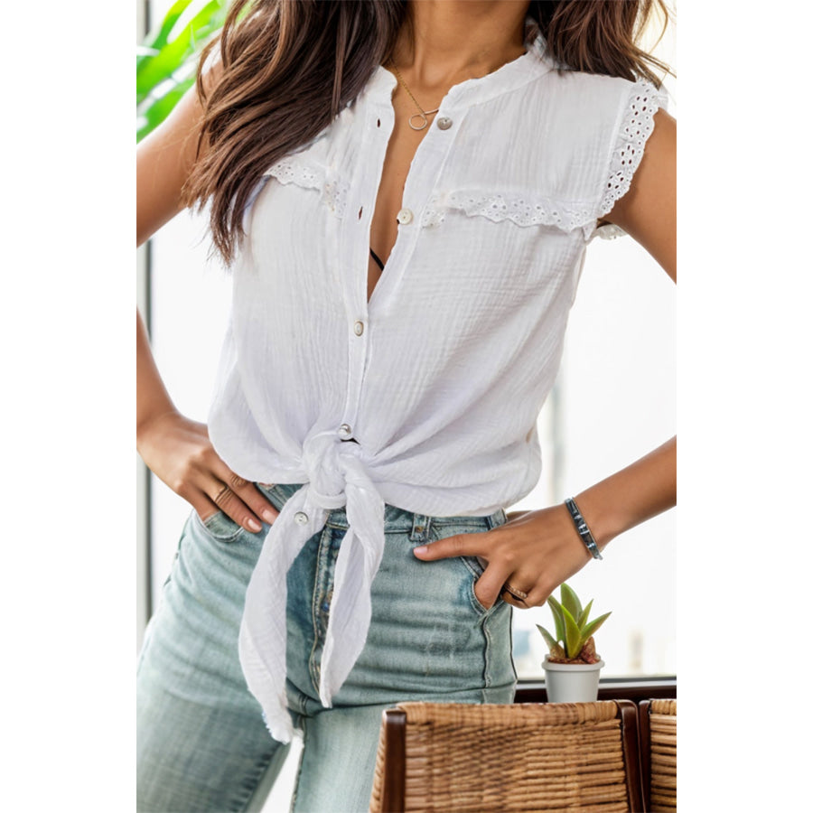 Lace Detail Button Up Sleeveless Shirt White / S Apparel and Accessories