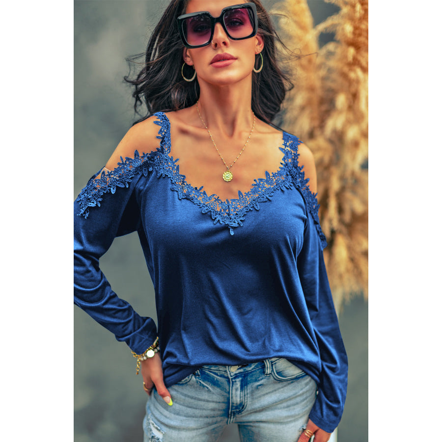 Lace Detail Cold Shoulder Long Sleeve T - Shirt Apparel and Accessories