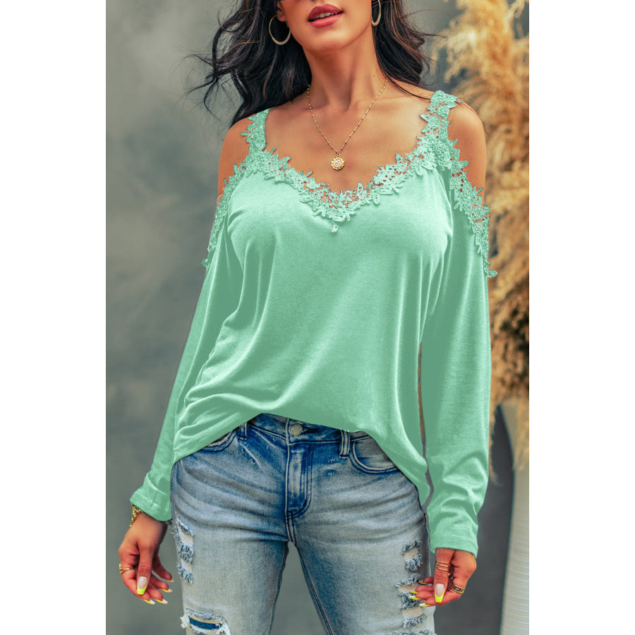Lace Detail Cold Shoulder Long Sleeve T - Shirt Gum Leaf / S Apparel and Accessories