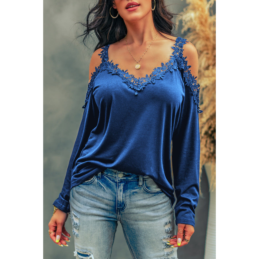 Lace Detail Cold Shoulder Long Sleeve T - Shirt Royal Blue / S Apparel and Accessories