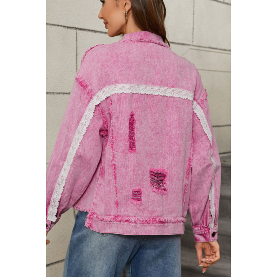 Lace Detail Distressed Button Up Denim Jacket Apparel and Accessories