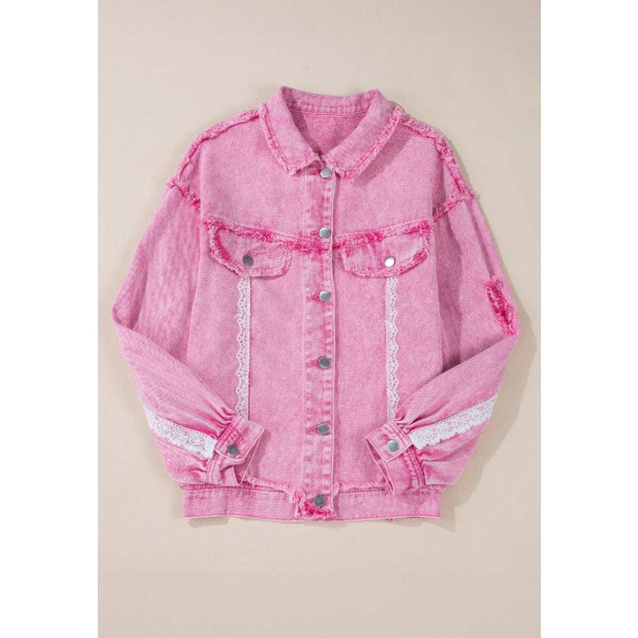 Lace Detail Distressed Button Up Denim Jacket Apparel and Accessories