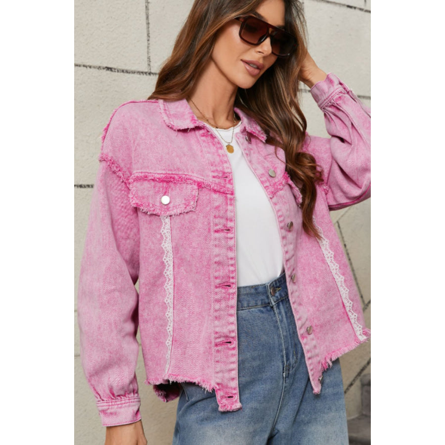 Lace Detail Distressed Button Up Denim Jacket Apparel and Accessories