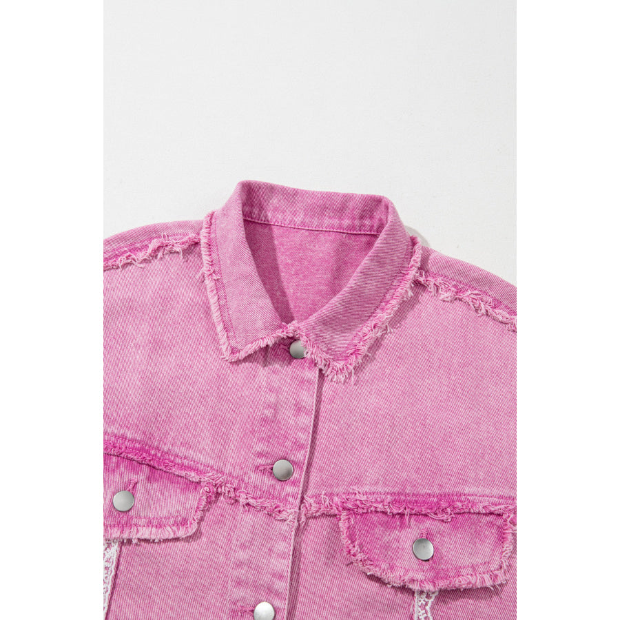 Lace Detail Distressed Button Up Denim Jacket Apparel and Accessories