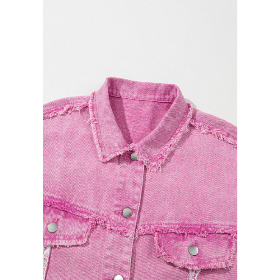 Lace Detail Distressed Button Up Denim Jacket Apparel and Accessories